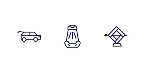 set of car parts thin line icons. car parts outline icons included car boot, bucket seat, jack vector.