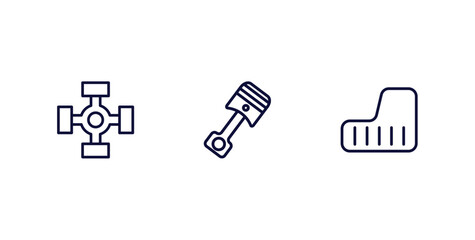 set of car parts thin line icons. car parts outline icons included car universal joint, connecting rod, mud flap vector.