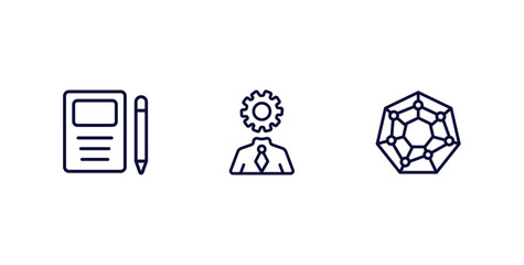 set of business and analytics thin line icons. business and analytics outline icons included workbook, business skills, radar chart vector.
