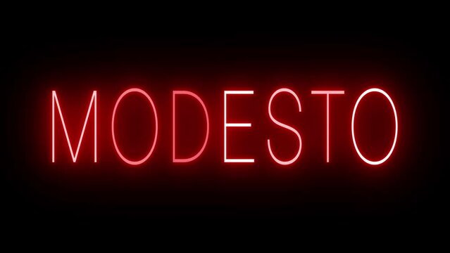 Red flickering and blinking animated neon sign for the city of Modesto