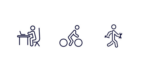set of behavior and action thin line icons. behavior and action outline icons included man working at desk, man cycling, man with tool vector.