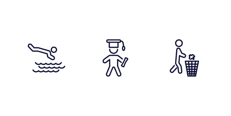set of behavior and action thin line icons. behavior and action outline icons included headfirst to water, stick man graduated, throwing trash vector.