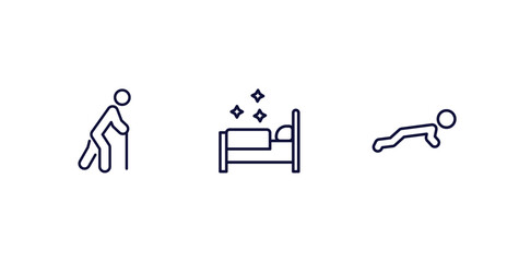 set of behavior and action thin line icons. behavior and action outline icons included old man walking, making the bed, stick man push up vector.