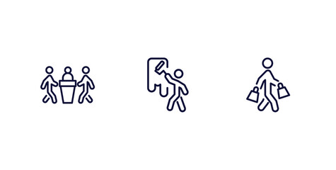 set of behavior and action thin line icons. behavior and action outline icons included three men conference, man painting wall, shopper man vector.