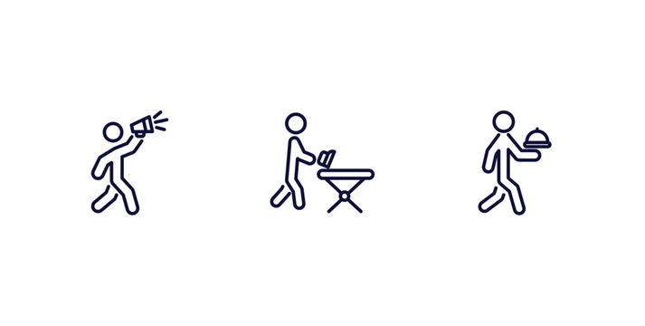 set of behavior and action thin line icons. behavior and action outline icons included man shouting, man ironing, waiter with food tray vector.