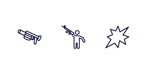 set of military and war and thin line icons. military and war outline icons included grenade launcher, rebellion, explosion vector.