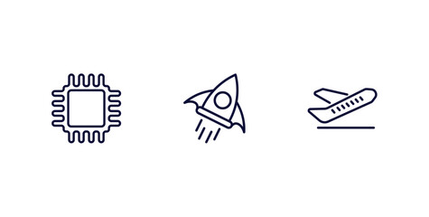 set of ai and future technology thin line icons. ai and future technology outline icons included cpu, rocket, aeroplane vector.