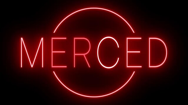 Red flickering and blinking animated neon sign for the city of Merced