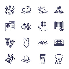 set of summer thin line icons. summer outline icons such as lake, solstice, travel guide, deck chairs and sun, fins, sea turtle, pamela hat, sun cream, jellyfish vector.
