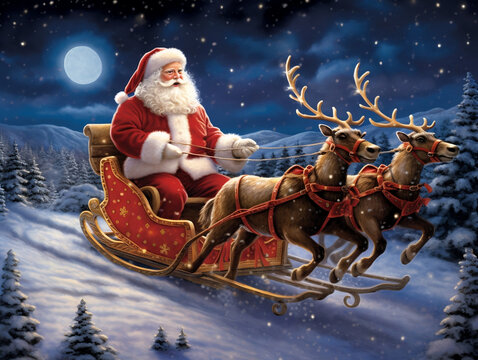 santa claus and his reindeer fly down the street on a christmas eve, 