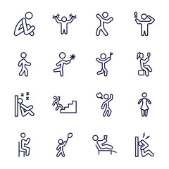 set of feeling and reaction thin line icons. feeling and reaction outline icons such as sad human, positive human, alive human, accomplished sleepy satisfied hopeful relaxed stressed vector.