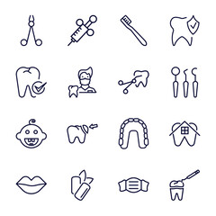 set of dental health thin line icons. dental health outline icons such as dentist scissors, toothbrushes, dental checkup, tooth extraction, baby mouth, mint gum, dentist mask, tooth filling vector. - obrazy, fototapety, plakaty