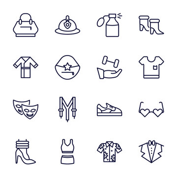 set of fashion and things thin line icons. fashion and things outline icons such as fashion bag, smeel, kimono, wellness coach, two carnival masks, leg warmer, outfit, hawaiian, suit with bow tie