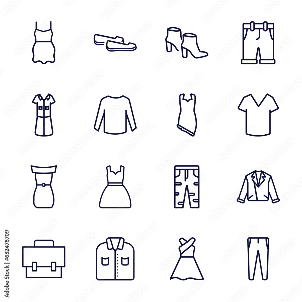 Poster set of clothes and outfit thin line icons. clothes and outfit outline icons such as chiffon dress, ankle boots, lyocell shirt dress, jersey wrap dress, off the shoulder messenger bag, formal shirt,