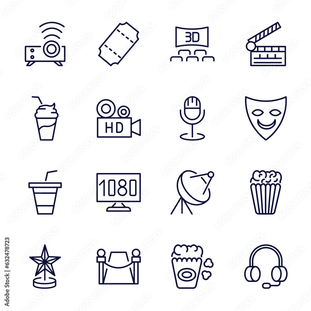 Wall mural set of cinema and theater thin line icons. cinema and theater outline icons such as image projector, 3 dimension screen, smoothie with straw, studio mic, papper cup with straw, award, red carpet,