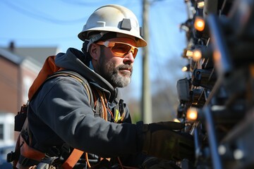 Workers are performing tasks at great heights on telephone poles, utilizing ropes for suspension. Generated with AI