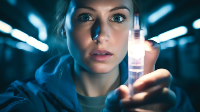 a medical professional holding a vial containing the newly developed antibody, with a sense of hope and urgency on their face