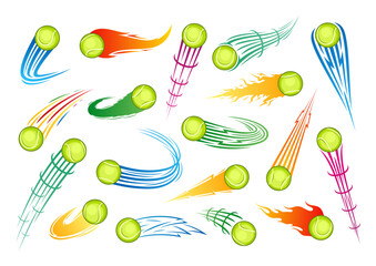 Vector colorful flying tennis balls with motion trails