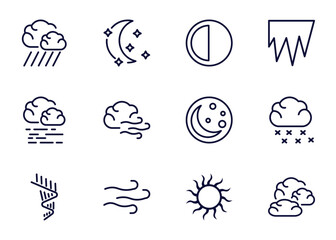 set of weather thin line icons. weather outline icons such as downpour, starry night, last quarter, _icon19_, mist, aurora, breeze, sunshine vector.
