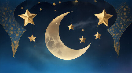 Obraz na płótnie Canvas A poster for Eid Mubarak with a crescent moon and stars by Generative AI
