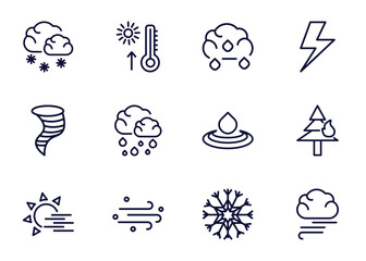 set of weather thin line icons. weather outline icons such as snowy, warm, sprinkle weather, _icon19_, typhoon, foggy day, sand storms, snow vector.