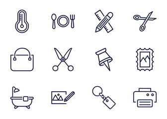 Obraz premium set of tools and utensils thin line icons. tools and utensils outline icons such as thermometers, dining, carpentry, _icon19_, bag with big handle, bath tub, edit picture, key ring vector.