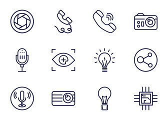set of technology thin line icons. technology outline icons such as camera shutter, phone with wire, telephone receiver, _icon19_, radio microphone, recording, retro squared camera, light bulb - obrazy, fototapety, plakaty