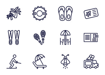 set of summer thin line icons. summer outline icons such as island with palm trees, rubber ring, pair of flip flops, _icon19_, flippers, waterski, beach chair, firefly vector.
