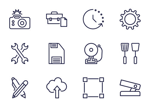 set of tools and utensils thin line icons. tools and utensils outline icons such as camera with flash, briefcase and document, time left, _icon19_, cross wrench, writing tool, up arrow cloud, basic