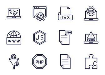 set of information technology thin line icons. information technology outline icons such as clean code, web optimization, jsx, _icon19_, web domain, seo funnel, programming language, page vector.