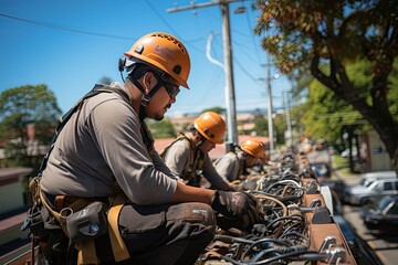 Fototapeta premium Workers are performing tasks at great heights on telephone poles, utilizing ropes for suspension. Generated with AI