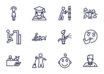 set of people thin line icons. people outline icons such as man with idea, graduating woman, plumber working, _icon19_, helping other to jump, vet with cat, sweeper working, baby smile vector.