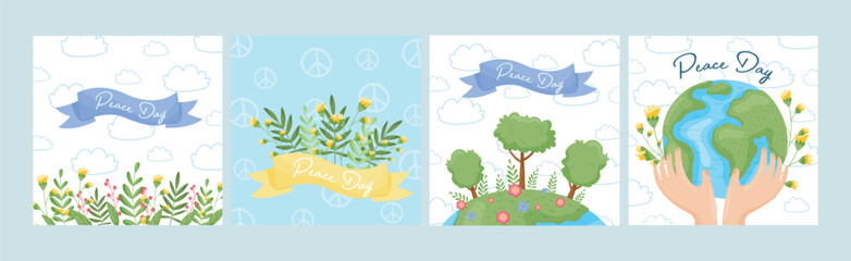 Peace Day Card with Planet and Flora Vector Set