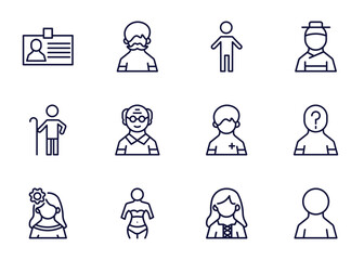 set of people and relation thin line icons. people and relation outline icons such as identification ard, hairy, small boy, _icon19_, shepherd, mexican woman, seductive, norwegian vector.