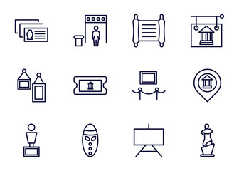 Fototapeta premium set of museum and exhibition thin line icons. museum and exhibition outline icons such as postcards, metal detector, paper scroll, _icon19_, acrylic, bust, mask, museum canvas vector.