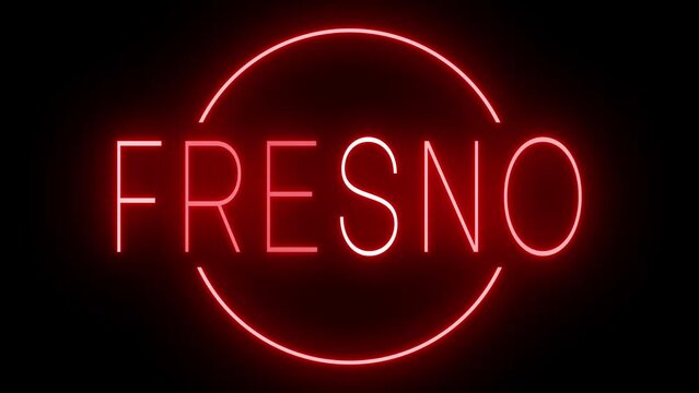 Red flickering and blinking animated neon sign for the city of Fresno