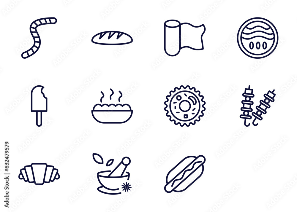 Wall mural set of food thin line icons. food outline icons such as worms, french bread, wrapping, _icon19_, bitten ice cream, brochette, croissant, spices vector.