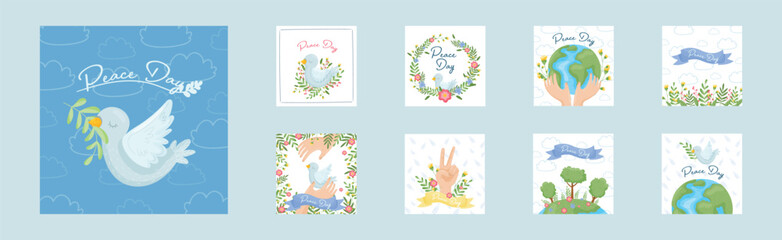 Peace Day Card with Pigeon and Planet Vector Set