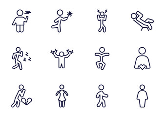 set of feeling and reaction thin line icons. feeling and reaction outline icons such as bored human, lucky human, aggravated human, _icon19_, pissed off heartbroken sexy alive vector.