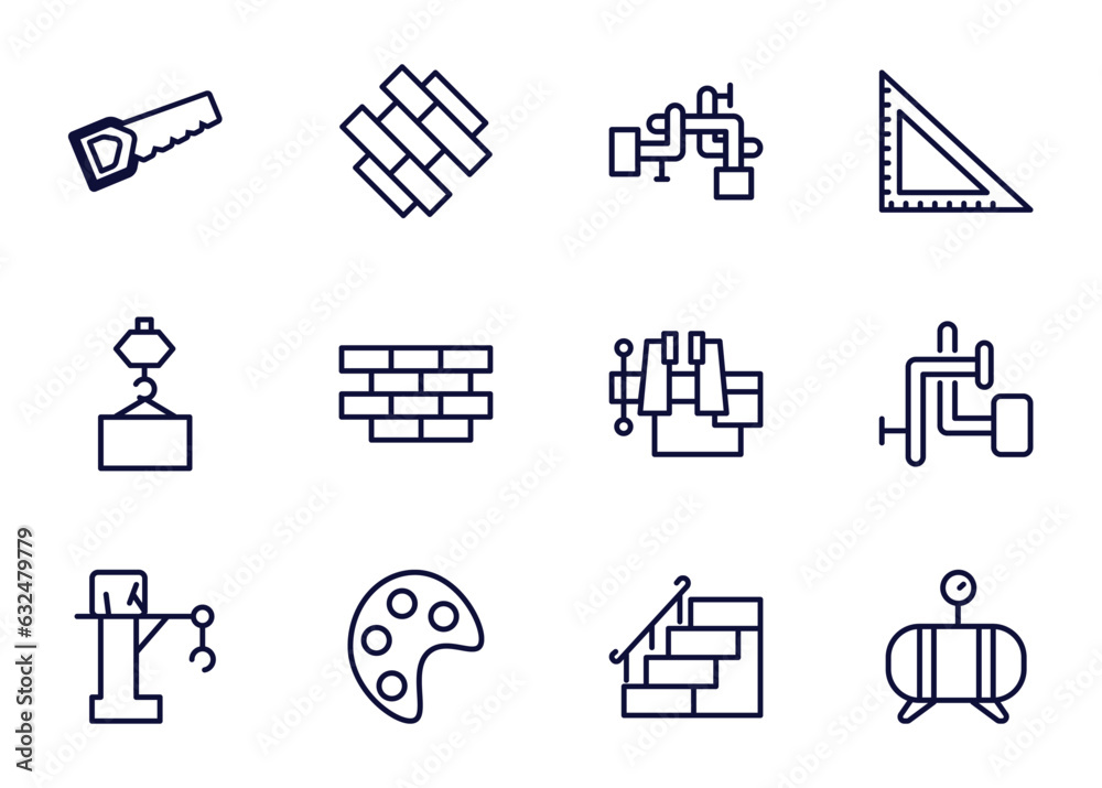 Sticker set of construction thin line icons. construction outline icons such as big saw, , adjustment system, _icon19_, derrick with pallet, big derrick with boxes, pallete, stairs with handle vector.