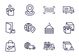 set of delivery and logistics thin line icons. delivery and logistics outline icons such as unpacking, tracking, barcode, _icon19_, delivery to the door, duty free, worldwide date vector.
