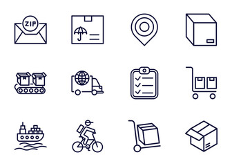 set of delivery and logistics thin line icons. delivery and logistics outline icons such as zip code, logistic protection, arrival, _icon19_, conveyor, ocean transportation, delivery by bike,