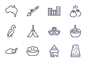 Obraz premium set of culture and civilization thin line icons. culture and civilization outline icons such as australian continent, native american spear, bo kaap, _icon19_, aw on a branch, beijing roast duck,