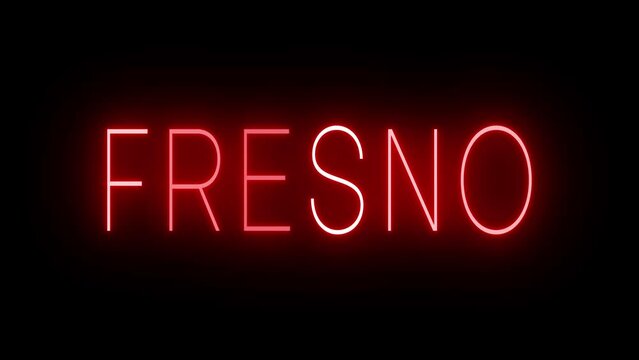 Red flickering and blinking animated neon sign for the city of Fresno