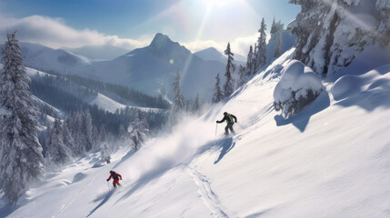 Naklejka na ściany i meble Group of friends skiing in high mountains. Skiing. Generative Ai