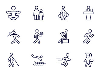 set of behavior and action thin line icons. behavior and action outline icons such as yoga position, child with man, shopper man, _icon19_, man throwing javelin, blindman with cane, headfirst to