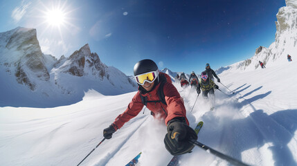 Group of friends skiing in high mountains. Skiing. Generative Ai - obrazy, fototapety, plakaty