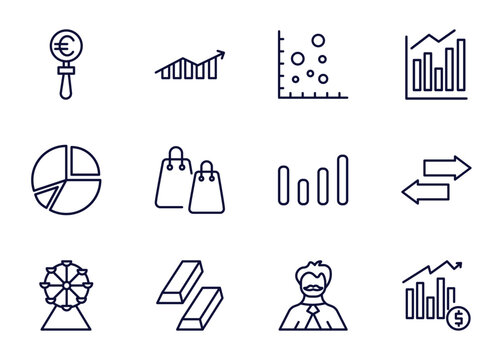 set of business and finance thin line icons. business and finance outline icons such as euro under magnifier, increase rate, scatter chart, _icon19_, portion pie chart, ferris wheels, ingot, man