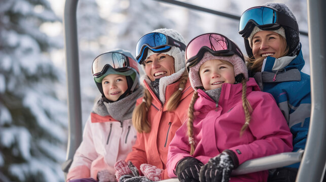 Happy family in cable car climb to ski terrain. Skiing. Generative Ai