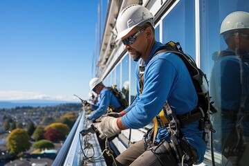 Workers cleaning high-rise windows, equipped with harnesses and hard hats, are carefully suspended by ropes working at height. Generated with AI